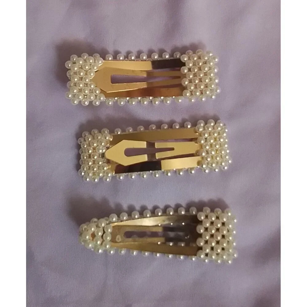Set Of 3 Faux Pearl-Embellished Hair Clips Barrettes Stylish & Elegant
